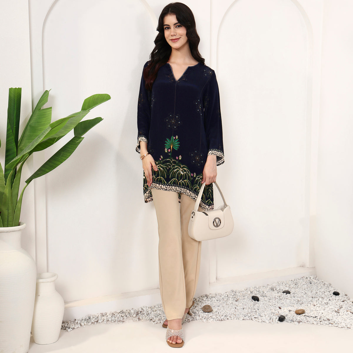 Blue Floral Print Top for Women – Viscose Crepe – Front View | First Resort by Ramola Bachchan