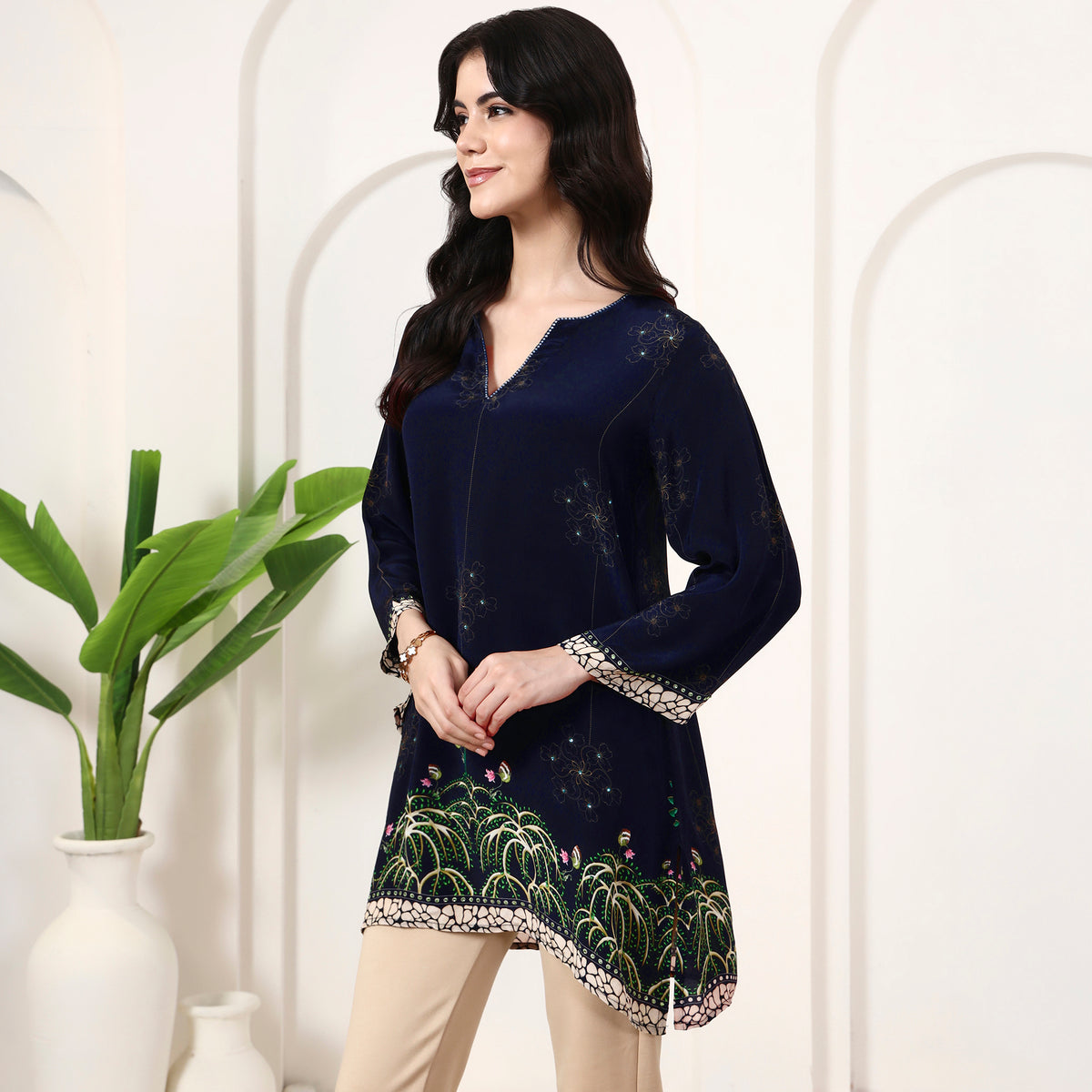 Blue Floral Print Top for Women – Viscose Crepe – Model View | First Resort by Ramola Bachchan