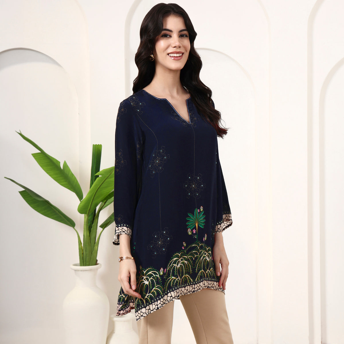 Blue Floral Print Top for Women – Viscose Crepe – Side View | First Resort by Ramola Bachchan