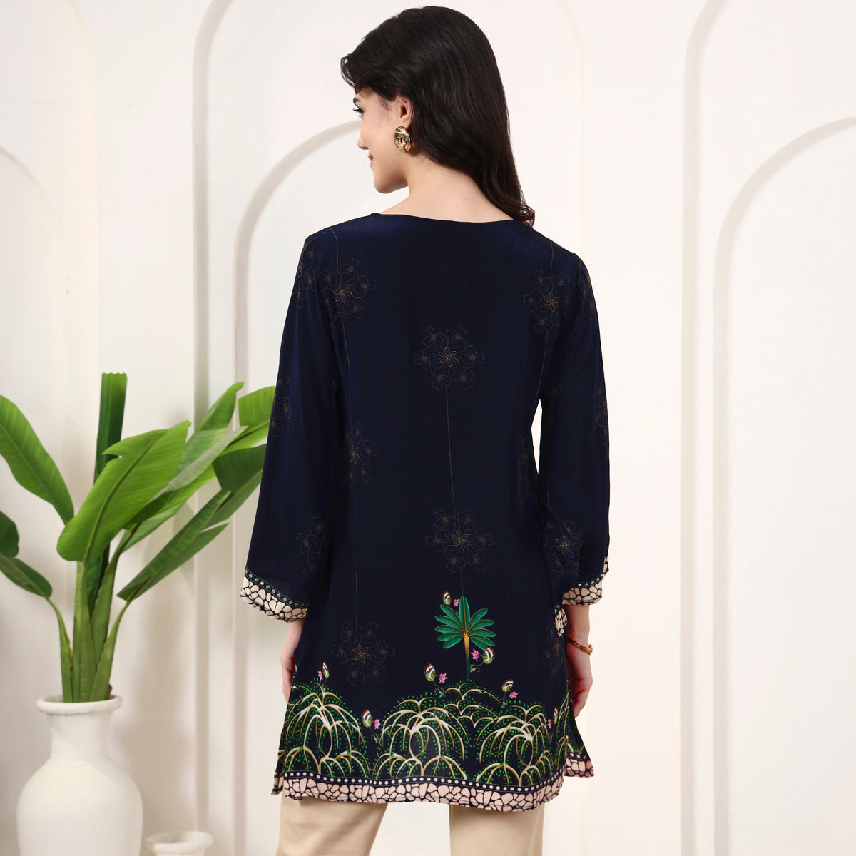 Blue Floral Print Top for Women – Viscose Crepe – Detail View | First Resort by Ramola Bachchan