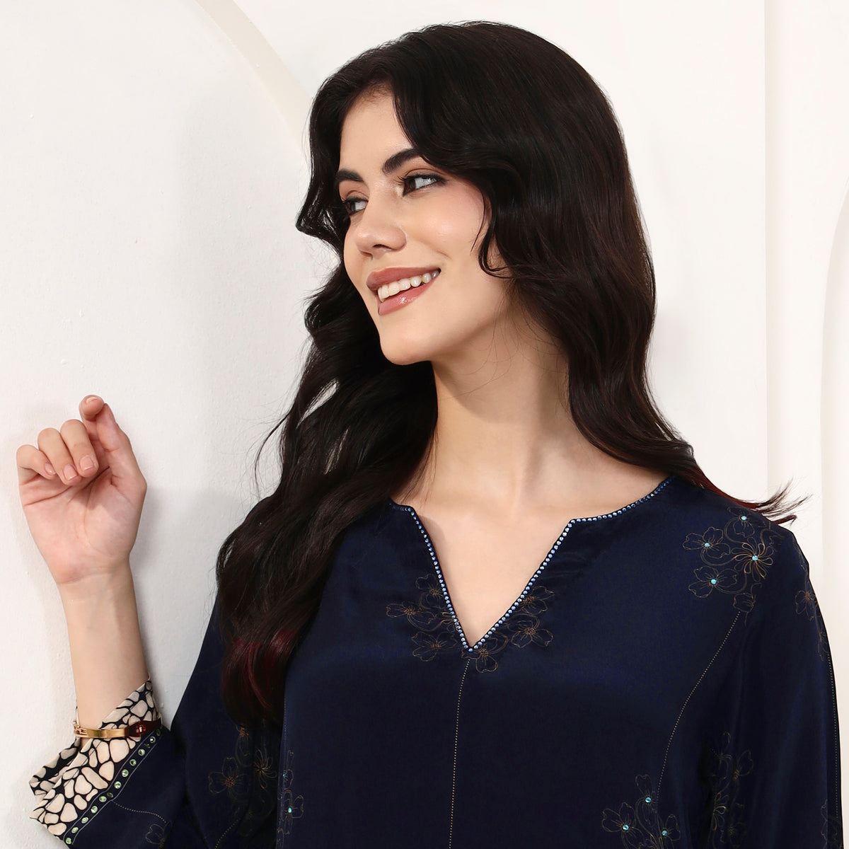 Blue Floral Print Top for Women – Viscose Crepe – Back View | First Resort by Ramola Bachchan
