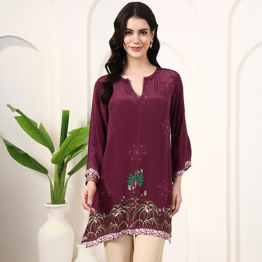 Magenta Floral Print Top for Women – Viscose Crepe | First Resort by Ramola Bachchan