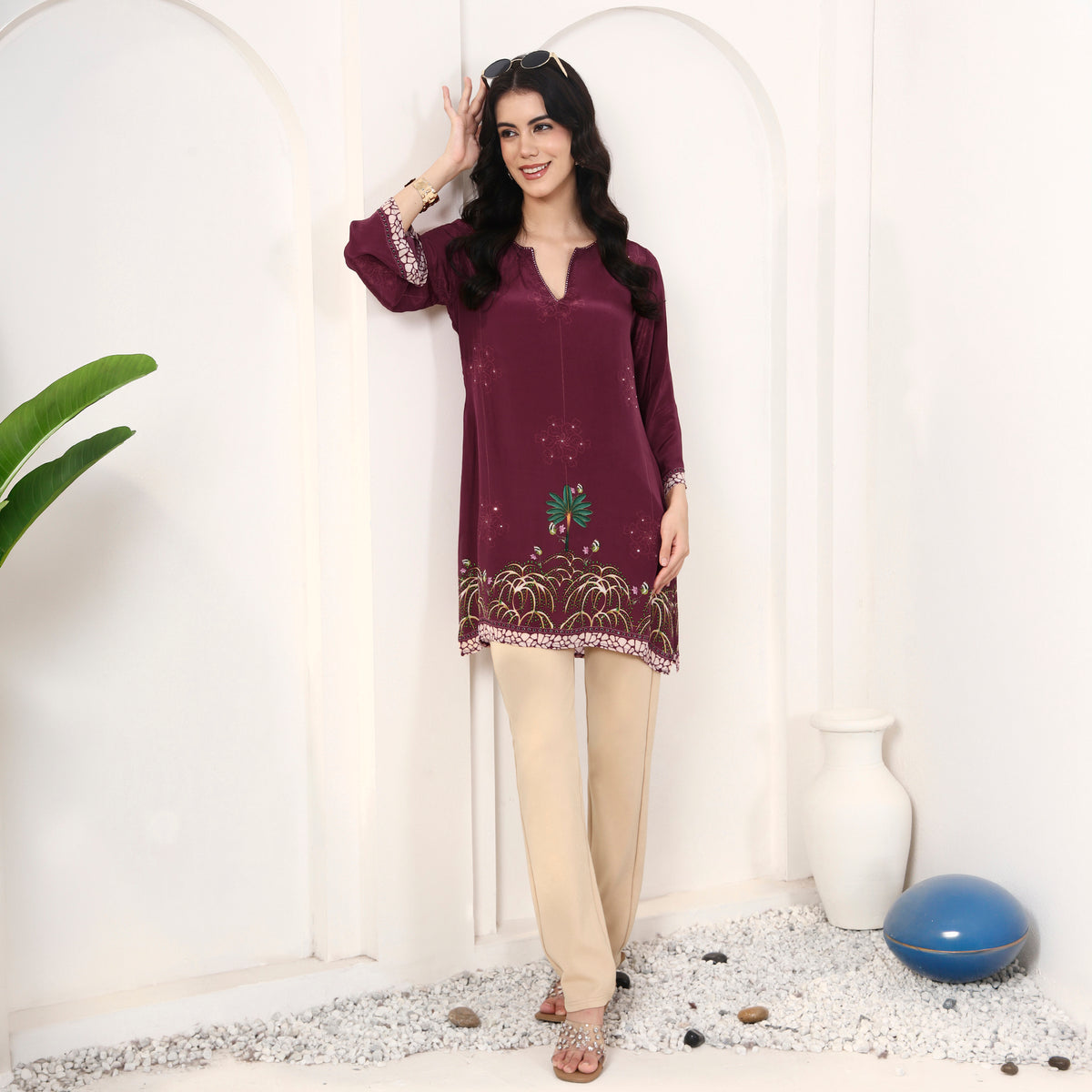 Magenta Floral Print Top for Women – Viscose Crepe – Front View | First Resort by Ramola Bachchan