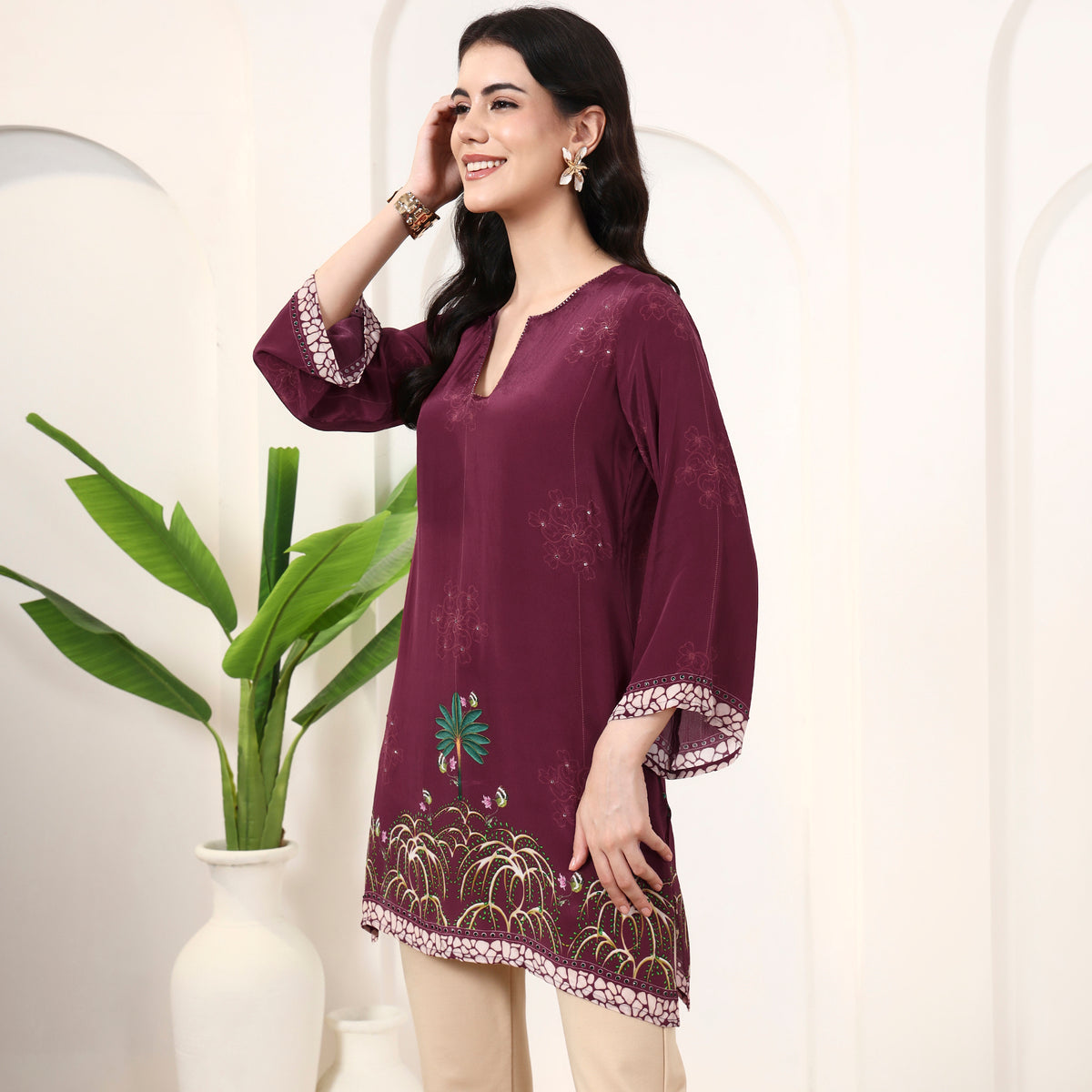 Magenta Floral Print Top for Women – Viscose Crepe – Model View | First Resort by Ramola Bachchan