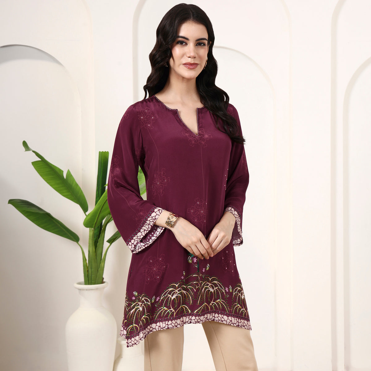 Magenta Floral Print Top for Women – Viscose Crepe – Side View | First Resort by Ramola Bachchan