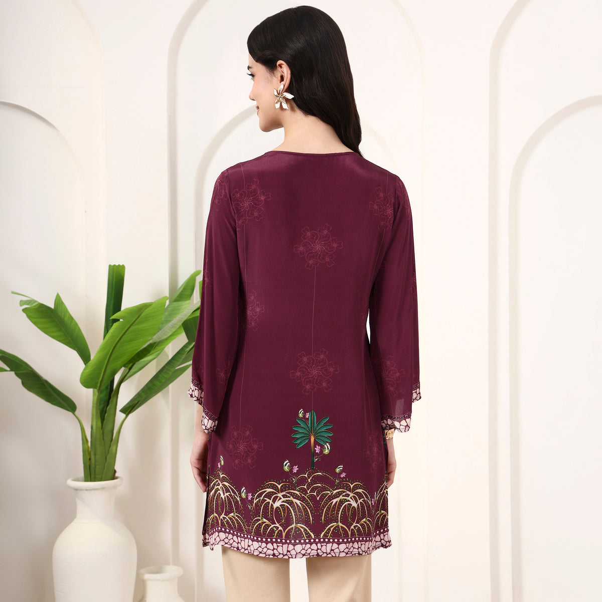 Magenta Floral Print Top for Women – Viscose Crepe – Detail View | First Resort by Ramola Bachchan