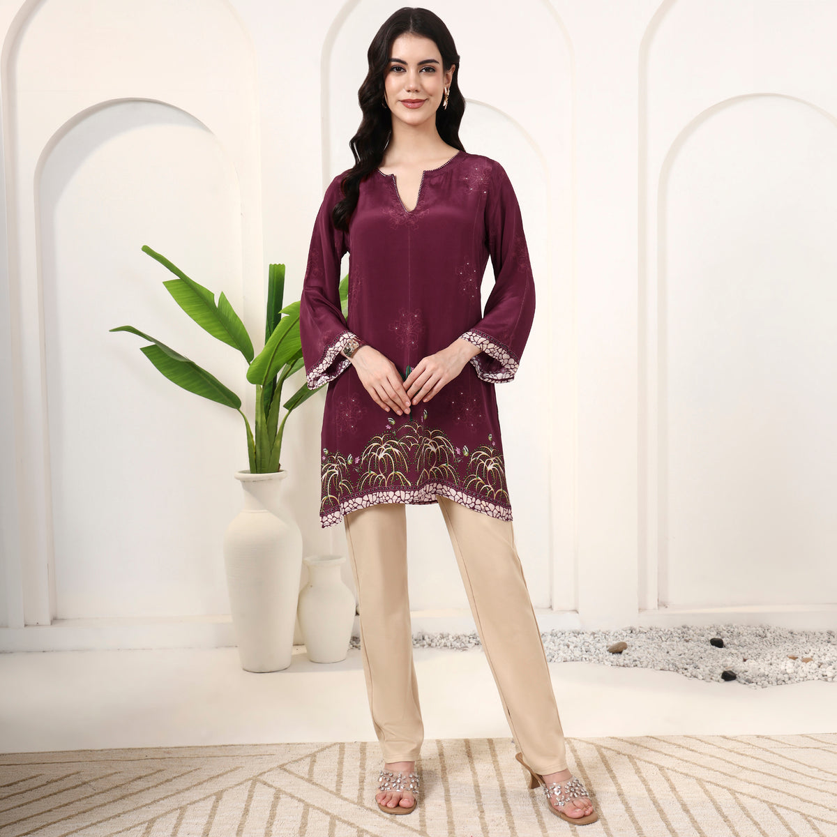 Magenta Floral Print Top for Women – Viscose Crepe – Close Up | First Resort by Ramola Bachchan