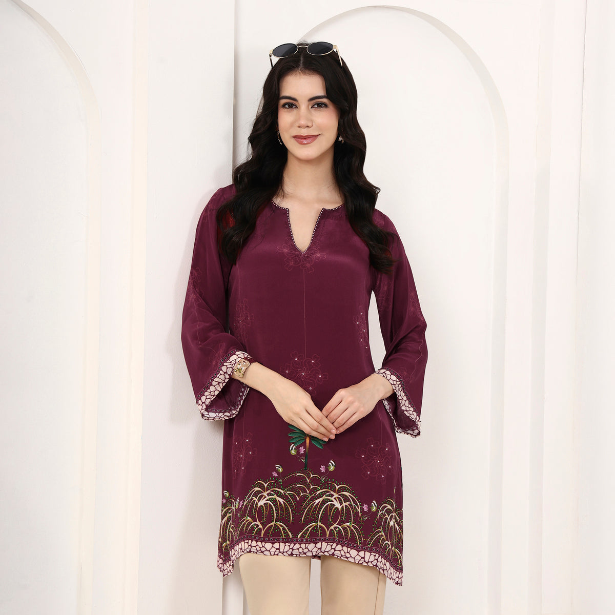 Magenta Floral Print Top for Women – Viscose Crepe | First Resort by Ramola Bachchan