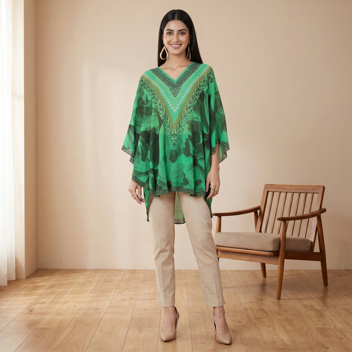 Forest Green Floral Print Tunic for Women – Embellished | First Resort by Ramola Bachchan