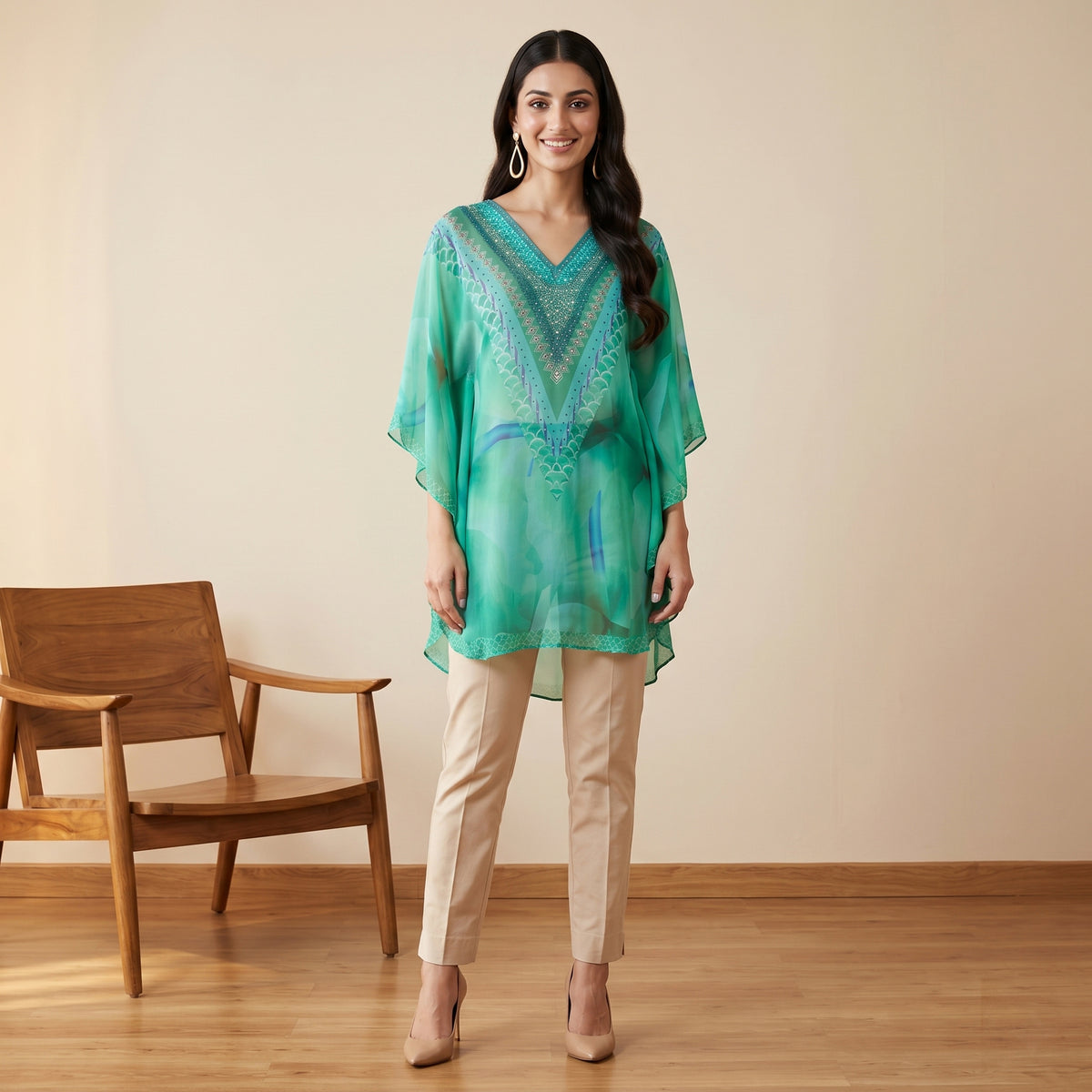 Turquoise Floral Print Tunic for Women – Embellished | First Resort by Ramola Bachchan