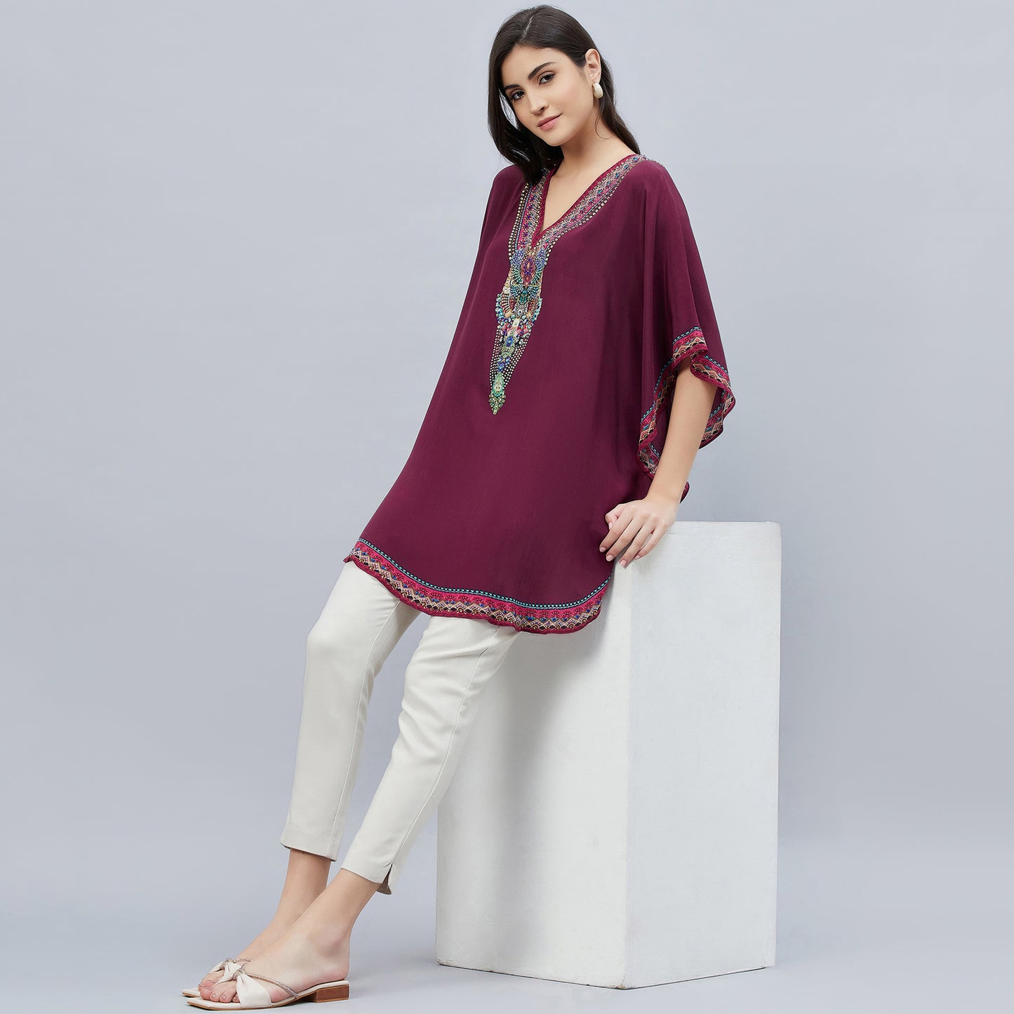 Wine Silk Embellished Tunic