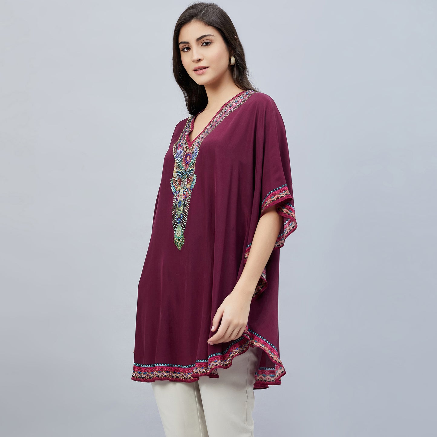Wine Silk Embellished Tunic