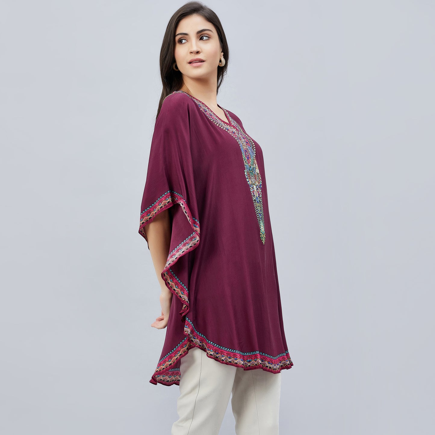 Wine Silk Embellished Tunic