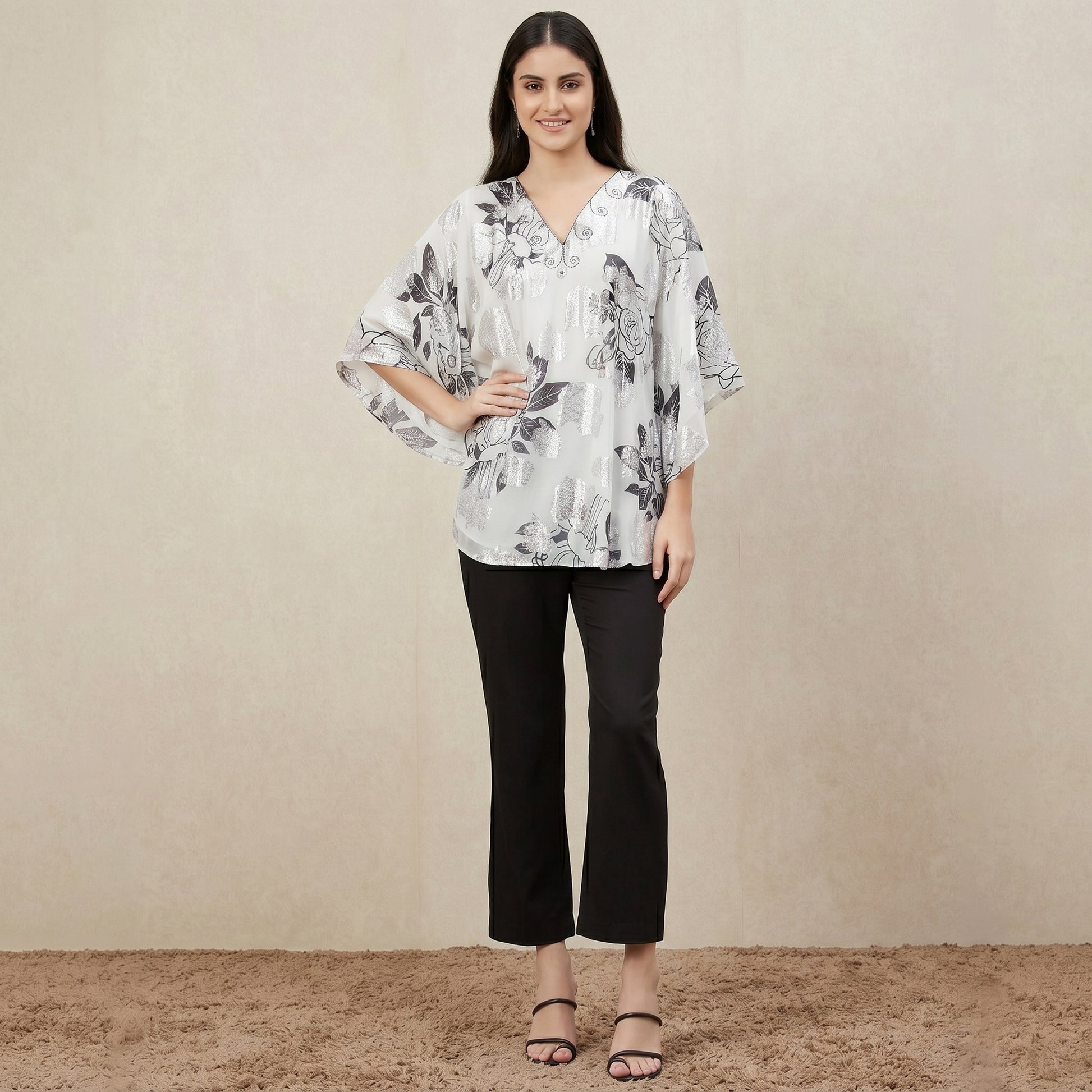 Black And White Rose Print Tunic for Women – Embellished | First Resort by Ramola Bachchan