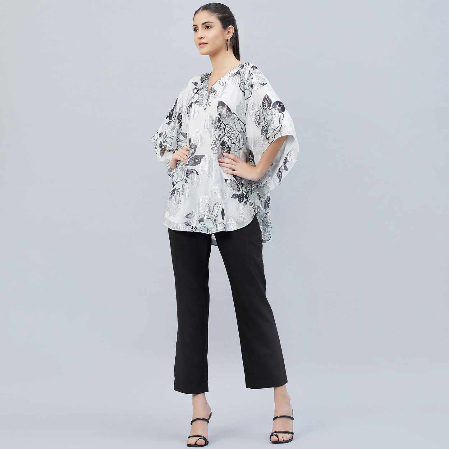 Black and White Floral Lurex Tunic