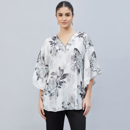 Black and White Floral Lurex Tunic