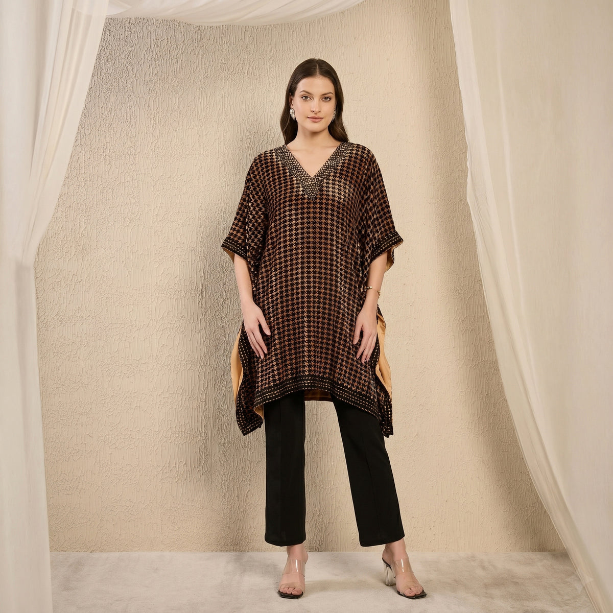 Beige Houndstooth Print Tunic for Women – Embellished | First Resort by Ramola Bachchan