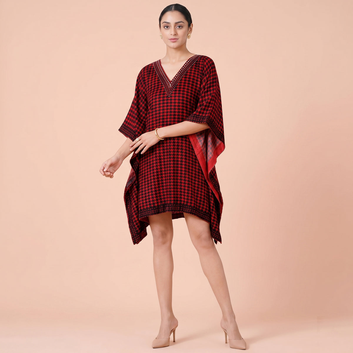 Red Houndstooth Print Tunic for Women – Embellished | First Resort by Ramola Bachchan