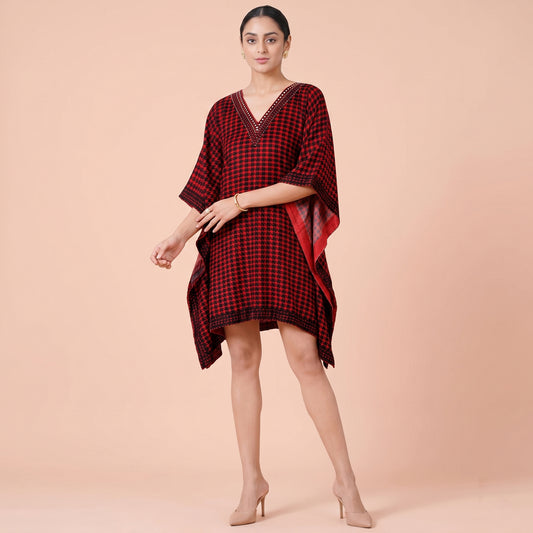 Red Houndstooth Print Tunic for Women – Embellished | First Resort by Ramola Bachchan