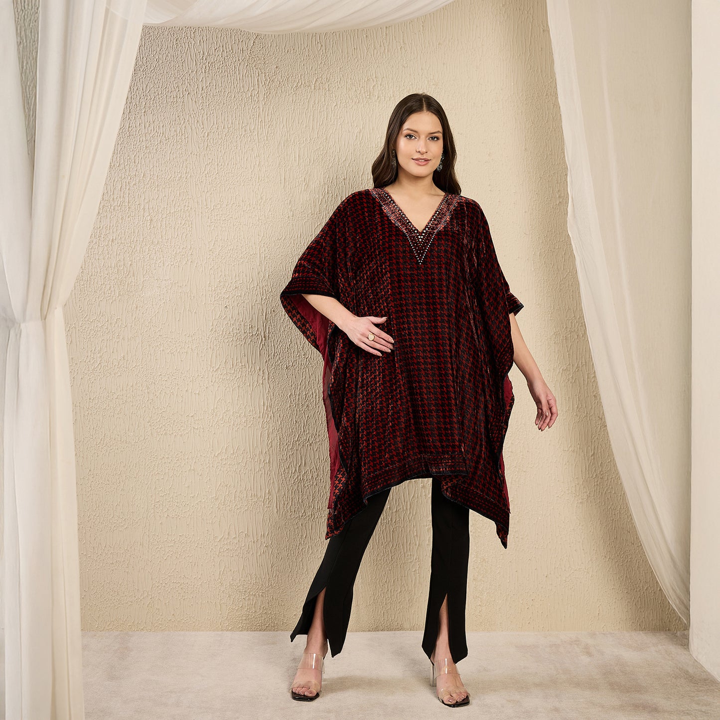 Rust Red Crystal Embellished Houndstooth Silk Velvet Tunic