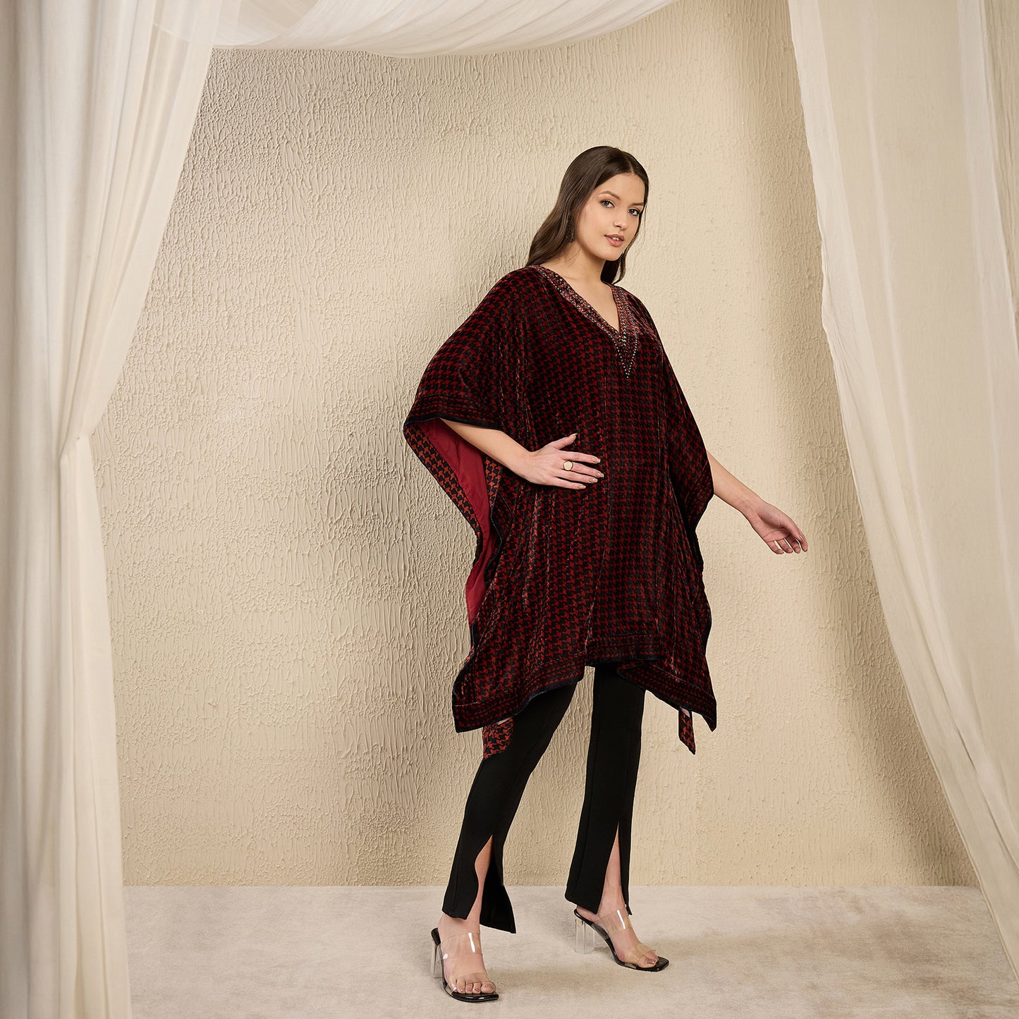 Rust Red Crystal Embellished Houndstooth Silk Velvet Tunic