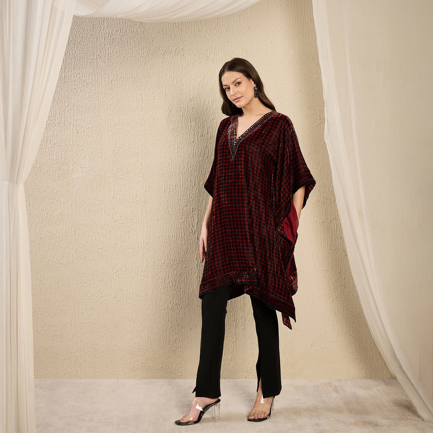 Rust Red Crystal Embellished Houndstooth Silk Velvet Tunic