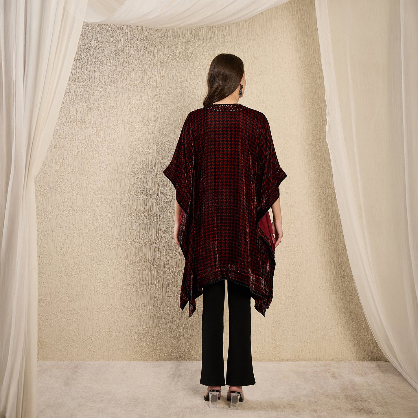 Rust Red Crystal Embellished Houndstooth Silk Velvet Tunic