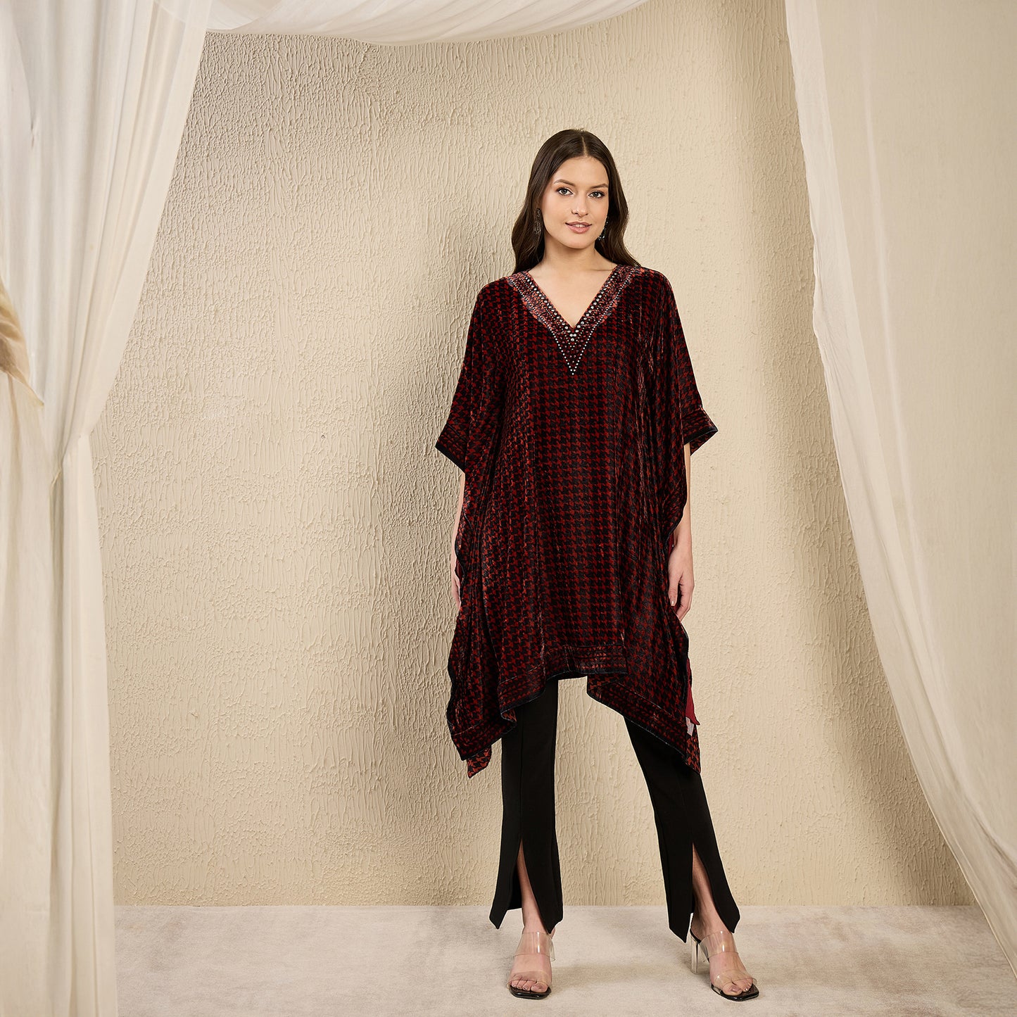 Rust Red Crystal Embellished Houndstooth Silk Velvet Tunic