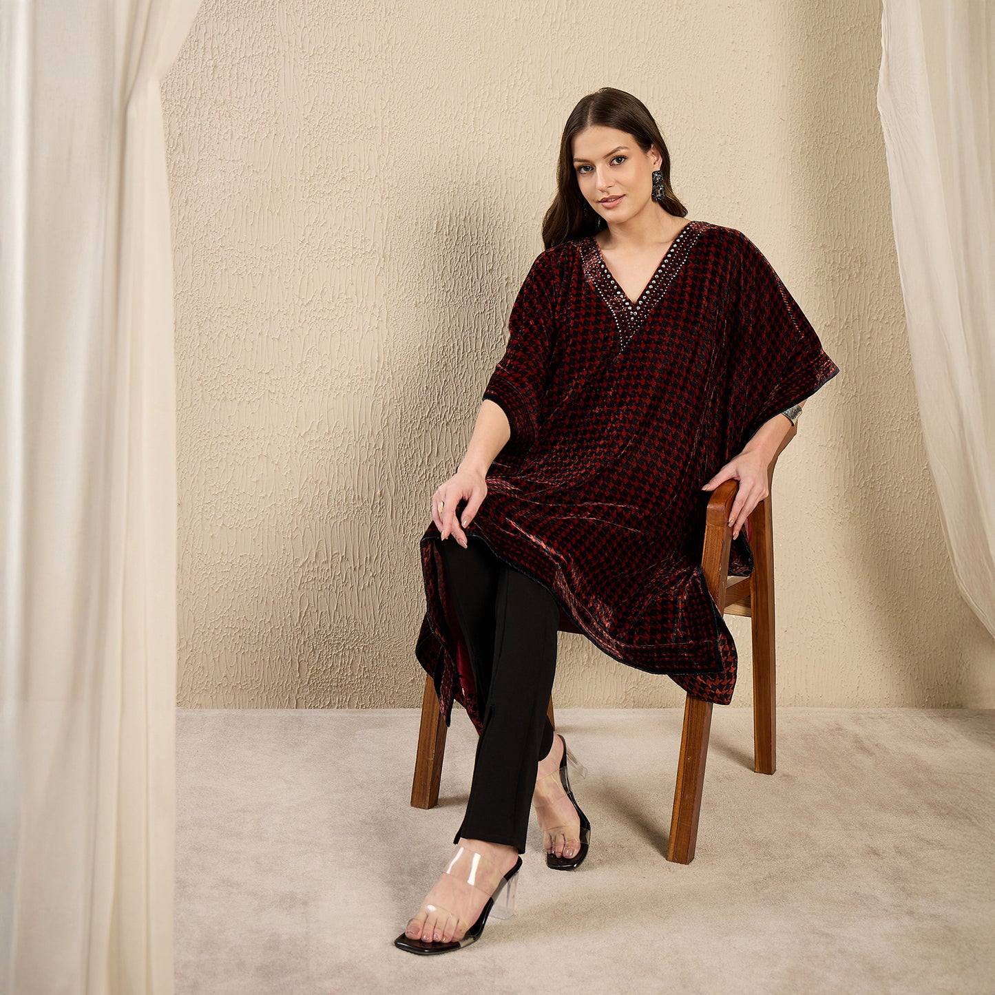 Rust Red Crystal Embellished Houndstooth Silk Velvet Tunic