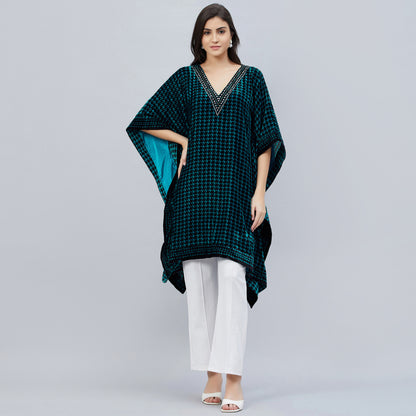 Teal Blue Crystal Embellished Houndstooth Silk Velvet Tunic