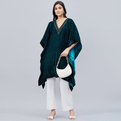 Teal Blue Crystal Embellished Houndstooth Silk Velvet Tunic