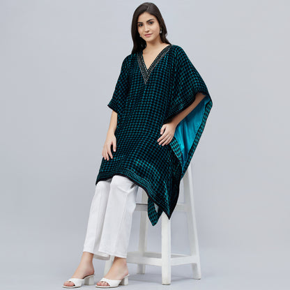 Teal Blue Crystal Embellished Houndstooth Silk Velvet Tunic