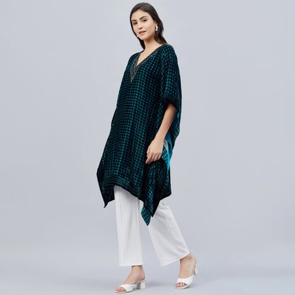Teal Blue Crystal Embellished Houndstooth Silk Velvet Tunic