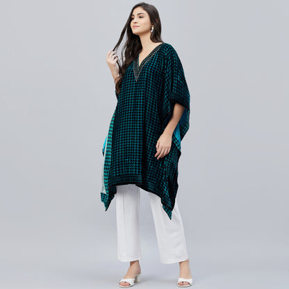 Teal Blue Crystal Embellished Houndstooth Silk Velvet Tunic