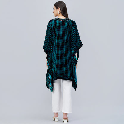Teal Blue Crystal Embellished Houndstooth Silk Velvet Tunic