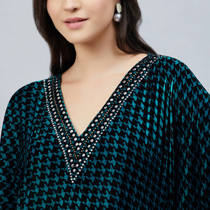 Teal Blue Crystal Embellished Houndstooth Silk Velvet Tunic