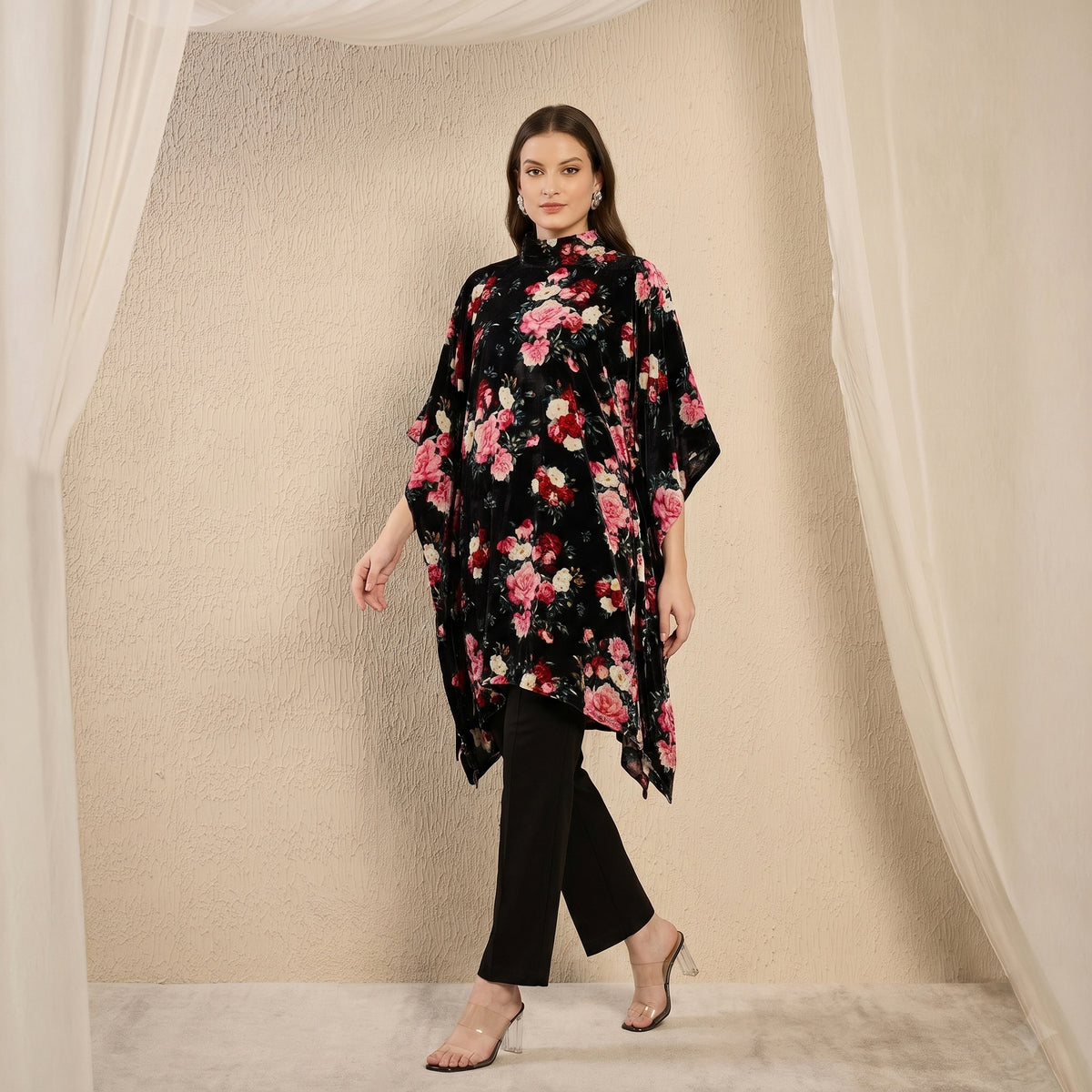 Black And Red Floral Print Tunic for Women – Embellished | First Resort by Ramola Bachchan