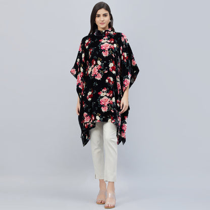 Black and Red Floral Crystal Studded Silk Velvet Tunic