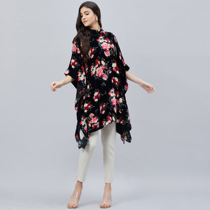 Black and Red Floral Crystal Studded Silk Velvet Tunic