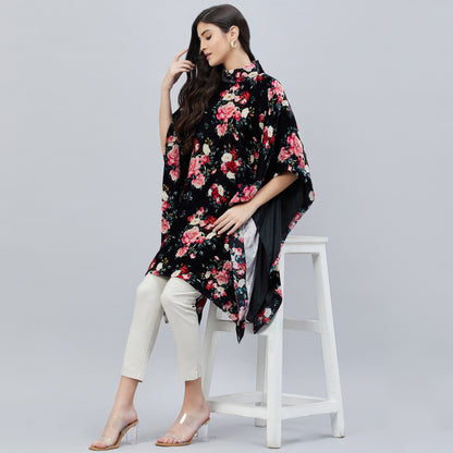 Black and Red Floral Crystal Studded Silk Velvet Tunic