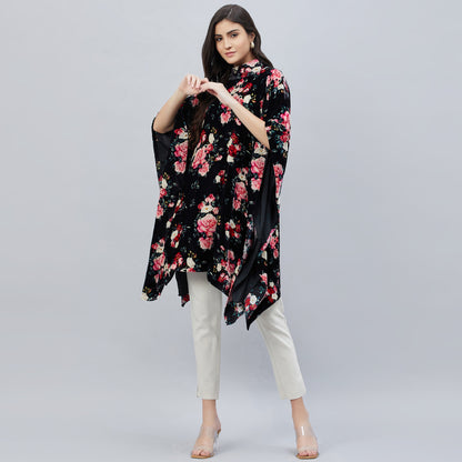 Black and Red Floral Crystal Studded Silk Velvet Tunic