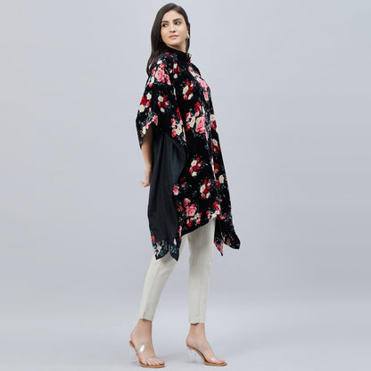 Black and Red Floral Crystal Studded Silk Velvet Tunic