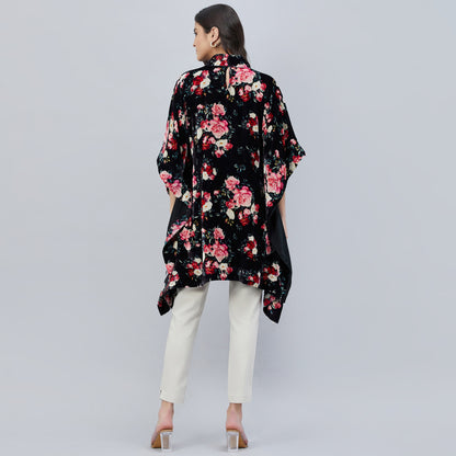 Black and Red Floral Crystal Studded Silk Velvet Tunic