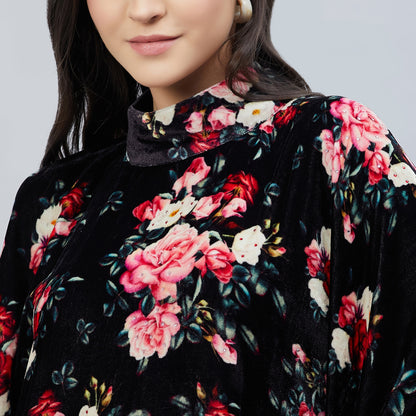 Black and Red Floral Crystal Studded Silk Velvet Tunic
