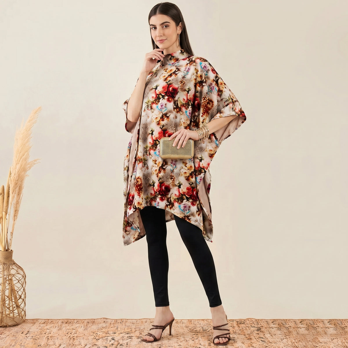 Beige Floral Print Tunic for Women – Embellished | First Resort by Ramola Bachchan