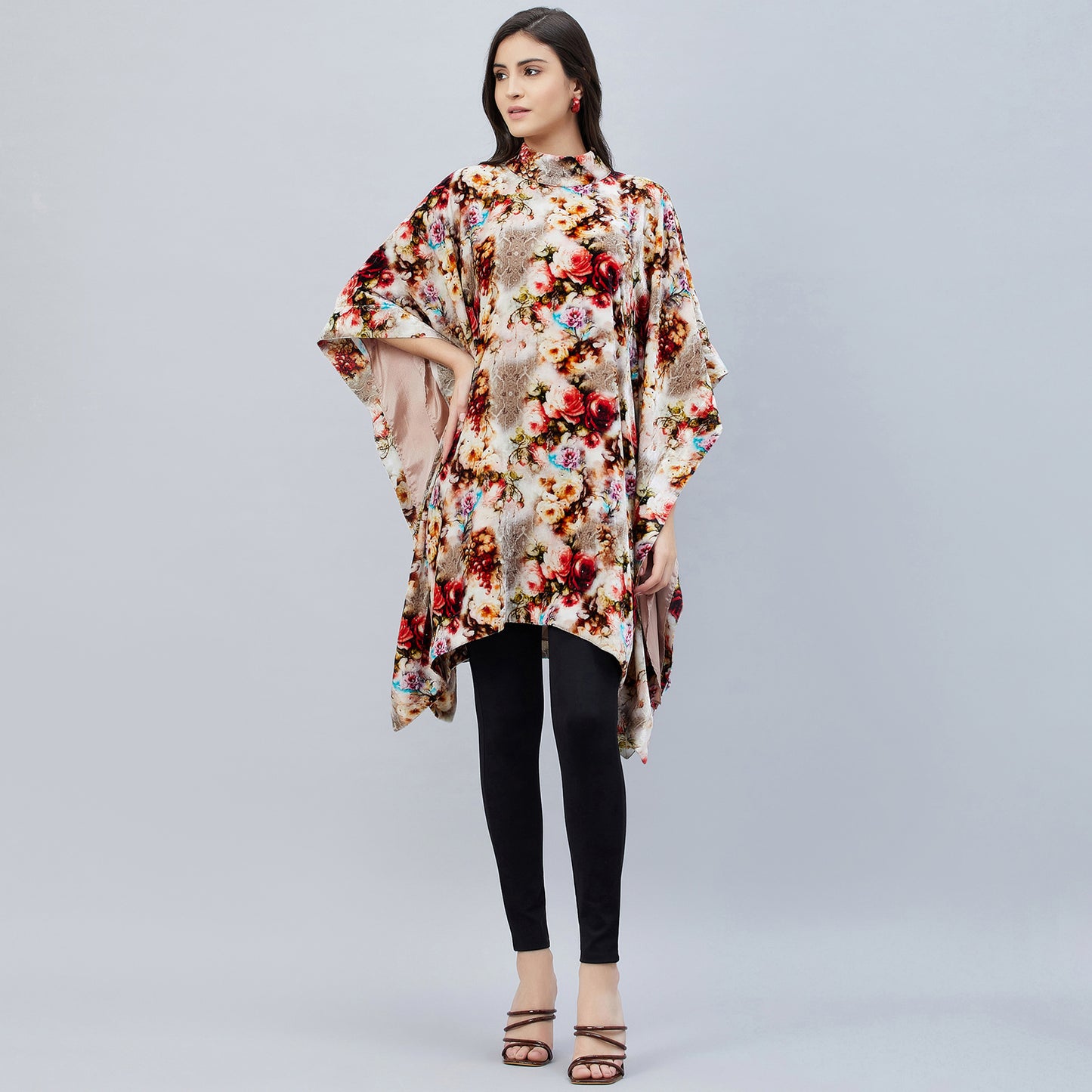 Beige Floral Crystal Studded Silk Velvet Tunic