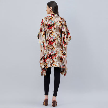 Beige Floral Crystal Studded Silk Velvet Tunic