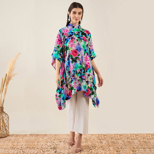 Multicoloured Crystal Studded Floral Silk Velvet Tunic