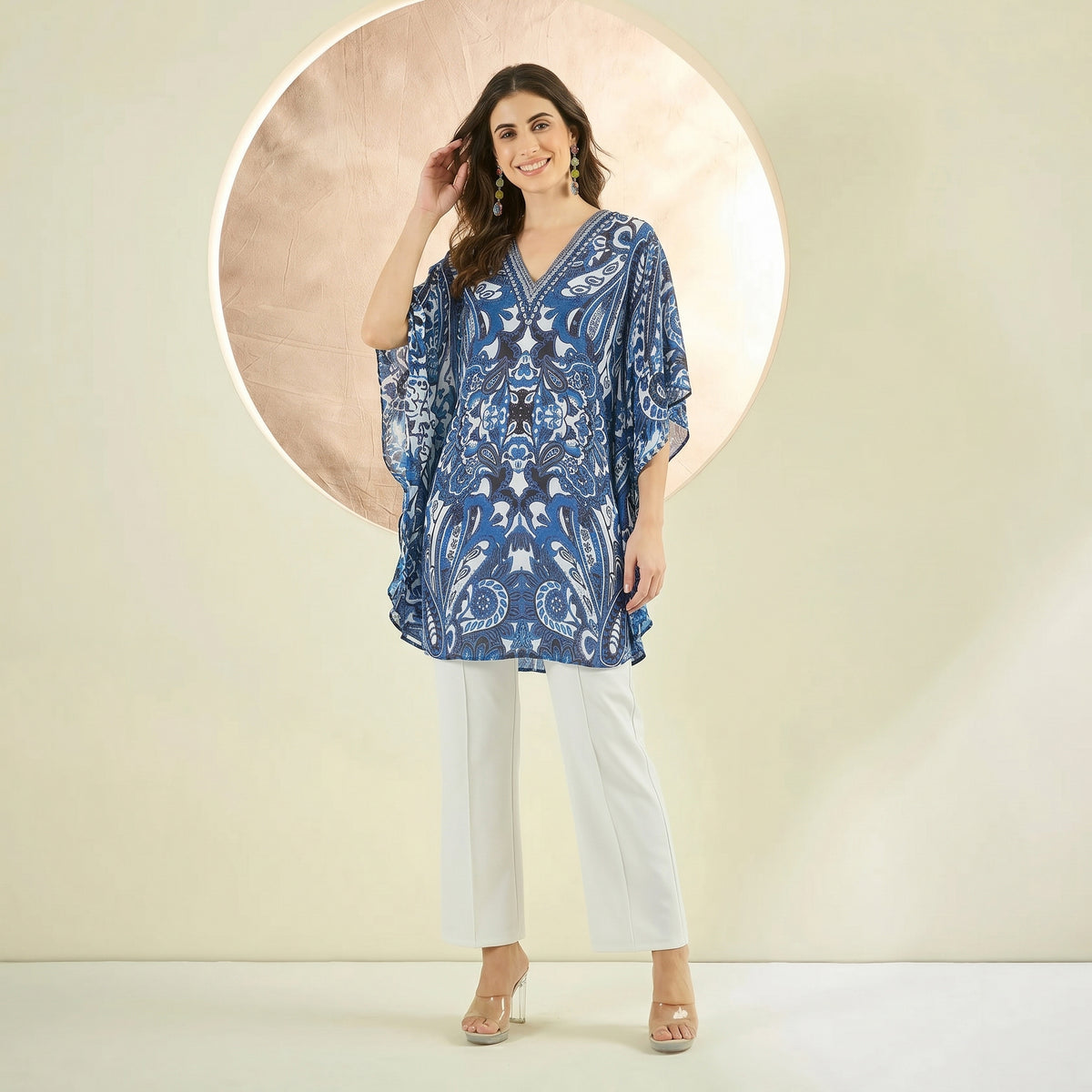 Azure Blue And White Paisley Print Tunic for Women – Embroidered | First Resort by Ramola Bachchan