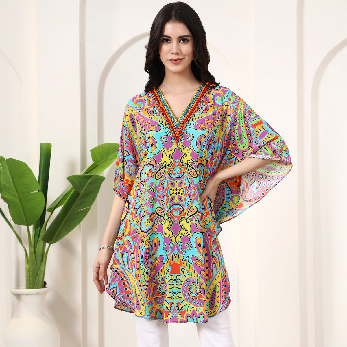 Blue and Purple Floral Print Tunic for Women – Double Viscose Georgette | First Resort by Ramola Bachchan